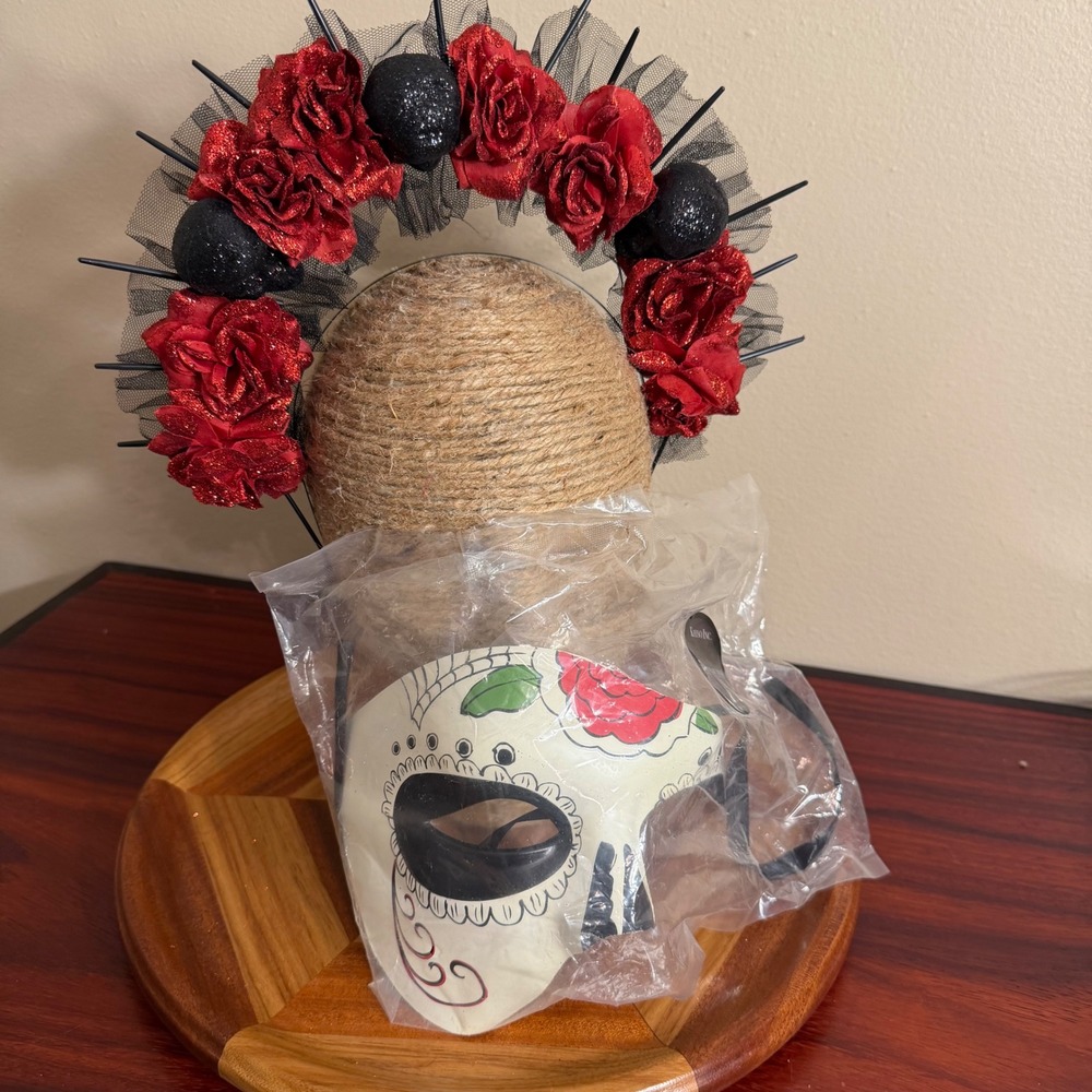 Kayso Inc Day of the Dead Sugar Skull Mask and Floral Spiked Halo Headband Set